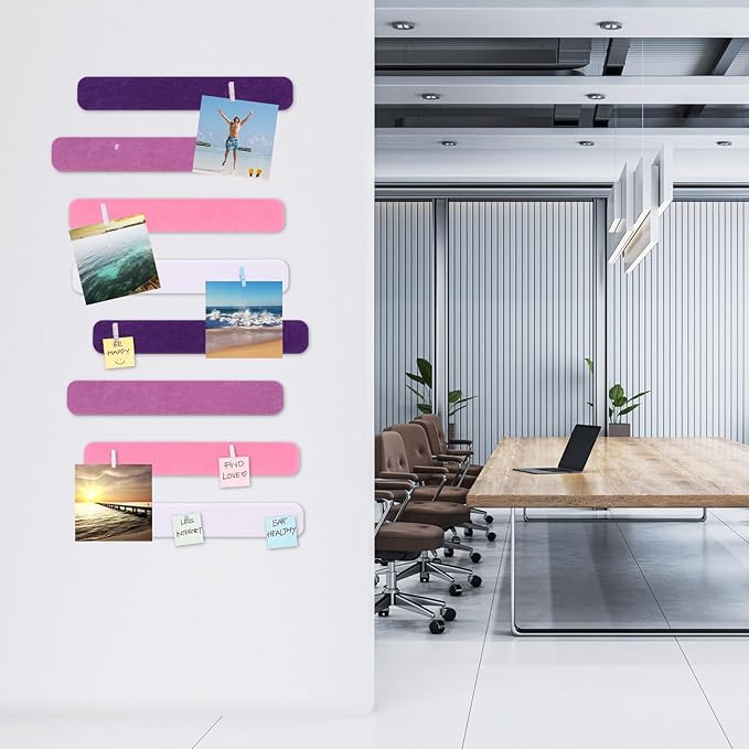 8 Pcs Felt Pin Board Bar Strips Bulletin Board 50 Pushpins and 10 Wooden Clip Pins Self Adhesive Cork Boards for Offices Home Wall Display Photos, Paste Notes, Schedules(Pink)