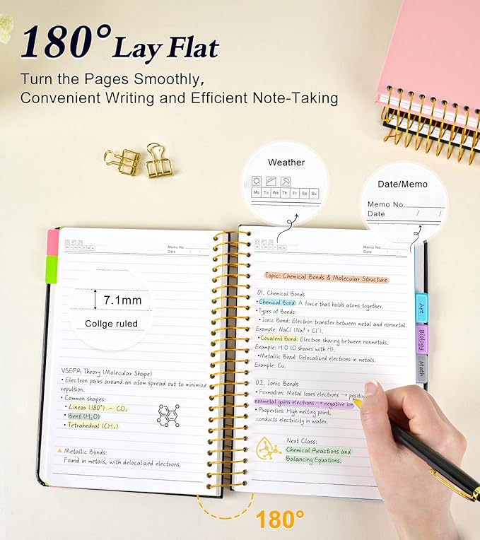 5 Subject Notebook College Ruled, A5 Hardcover Spiral Notebook with Removable Pocket Dividers Tabs, 240 Pages Lined Spiral Journal Notebook for Women, 6x8.5 Notebooks for Work School Note taking Black