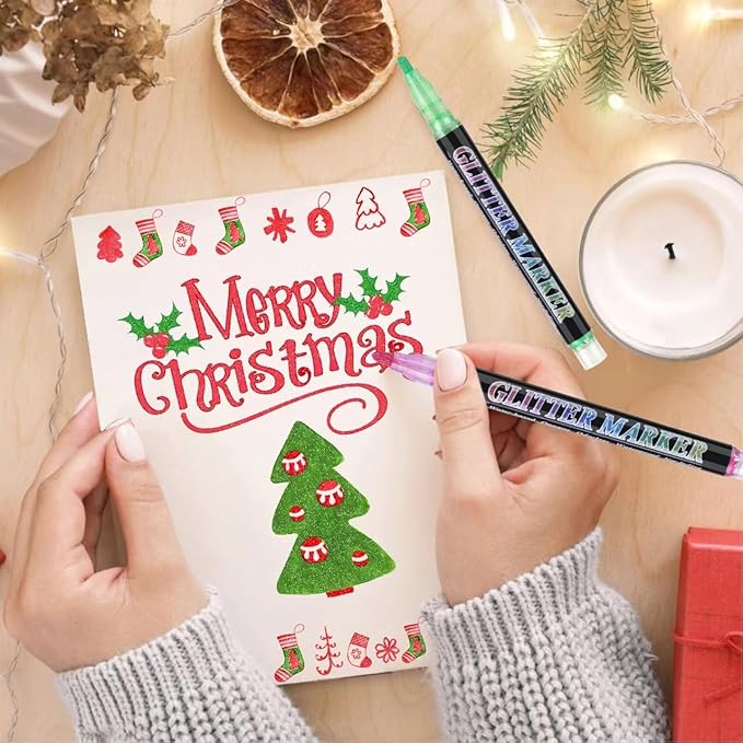 Glitter Marker Pens,12 Colors Self-Shimmer Metallic Markers,Glitter Paint Pens DIY Crafts Greeting Birthday Cards, Making Poster,Album,Scrapbooking,Wood,Mugs