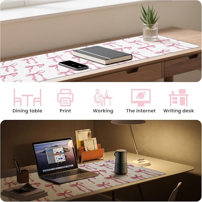 Pink and White Mouse Pad, Pink Desk Mat Bow Keyboard Mat Cute Computer Mat, Non-Slip Rubber Base Large Mousepad Laptop Pad, Kawaii Desktop Pad Office Accessories Decor for Girls 31.5 x 11.8in