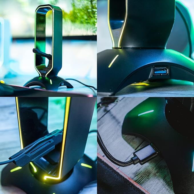 Tilted Nation Gaming Headset Stand | RGB Headphone Stand for Desk with Mouse Bungee and USB Hub (Cool and Clean Setup) Gaming Headset Holder - Perfect Gamer Gift Accessory