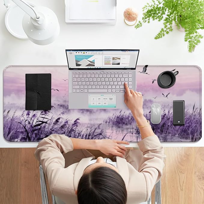 Purple Fantasy Tower and Egret XL Large Desk Mat, Extended Long Desk Pad for Gaming and Office, Non-Slip Rubber Base, Comfortable Surface Mouse Pad, 31.5x11.8 in (H25)