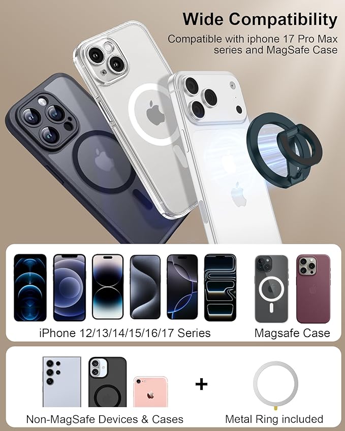 Mag Safe Phone Grip for iPhone 17 Pro Max Apple MagSafe Kickstand, Magnetic Finger Ring Holder, Foldable Magnetic Grip Metal Loop Stand MagSafe Car Mount,iPhone 17 Pro Max/17Pro/16e/16/15/14/13/12