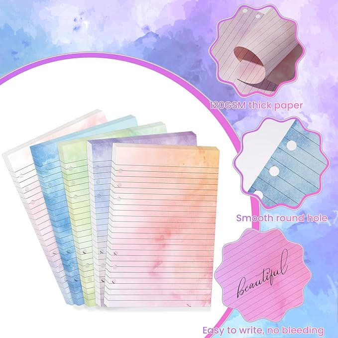 100 Sheets Gradient A5 Refill Papers for Planner Binder Insert with Pink Pu Leather Binder Cover, Refillable 6 Ring Binder Journal with 120GSM Thick Watercolor Notebook Filler for Girls Women