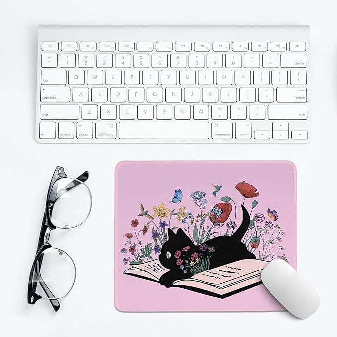 Kawaii Mouse Pads,Cute Black Cat Mouse Pad,Girly Pink Floral Desk Mat for Home Office Dorm Desktop Decor,Cat Lover Gift,10.2x8.2 Inch