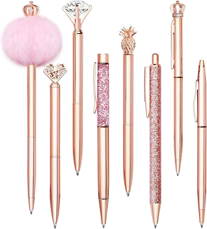 WEMATE 8Pcs Ballpoint Pens Set Metal Crystal Diamond Pen Glitter for Journaling Pen Bling in Black & Blue Ink Pretty Cute Pens Fancy Pens Mother's Day Gifts for Women Wedding School Office (Rose Gold)