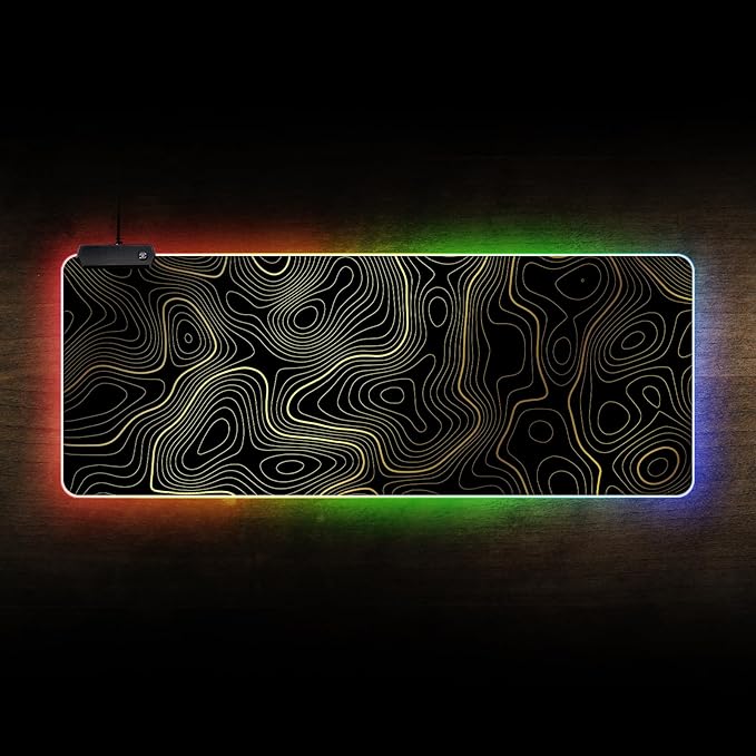 RGB Mouse Pad LED Desk Mat Large Gaming Mousepad Black and Gold Line Design, Keyboard Pad XL Mouse Mat for Home and Office (Black with Gold Topographic Line)