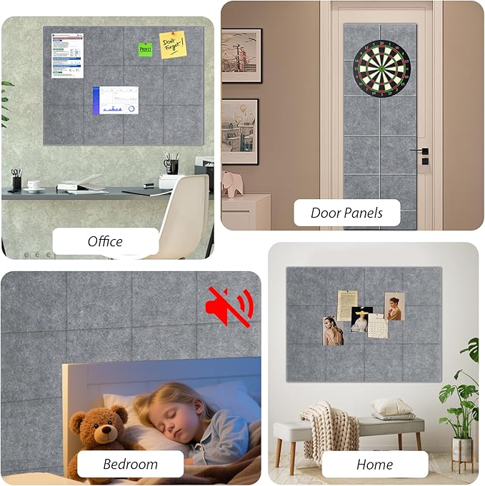 Large Cork Board for Walls 48"x36",12 Pack Felt Wall Tiles with 60 Pushpins,50 Safe Removable Adhesive Tabs,10 Hooks and Clips, Felt Bulletin Board Pin Board Tack Board for Office -Silver Gray