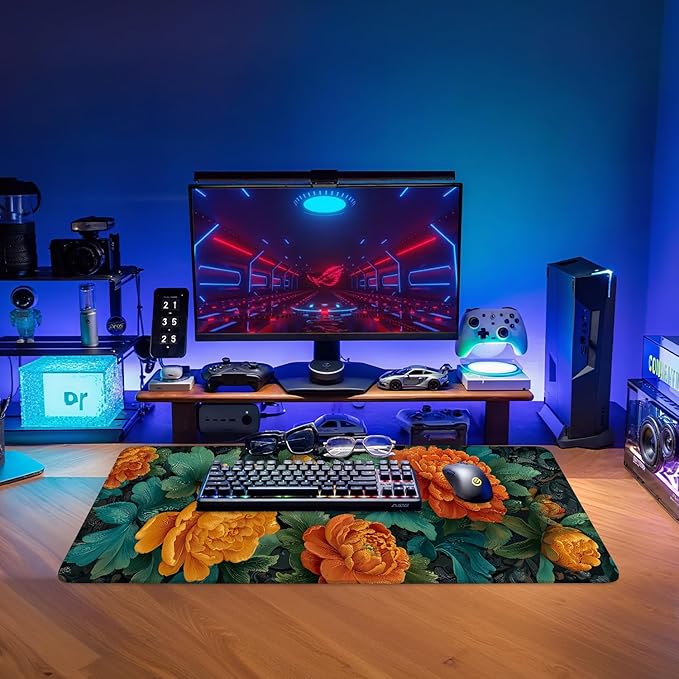 Retro Flower Extended Gaming Mouse Pad 31.5x11.8inches Large Desk Mat Anti-Slip Rubber Base & Durable Stitched Edges for Gamers Smooth Mouse Writing Surface for Desk Office/Home
