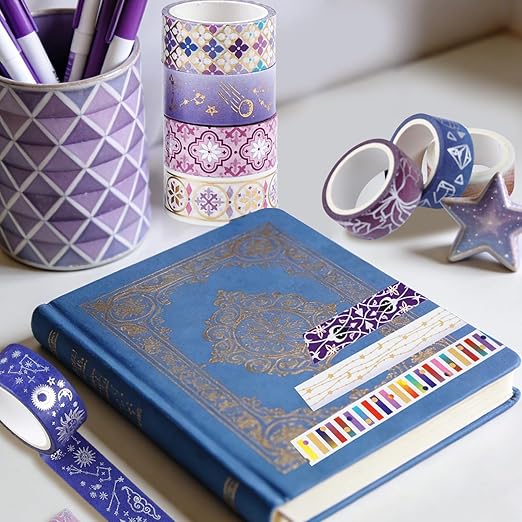 12 Rolls Galaxy Washi Tape Set Purple Stars Decorative Tapes Silver Gold Foil Masking Tape for Scrapbook Bullet Journal Planner DIY Art Craft Party Decor Gifts Wrapping