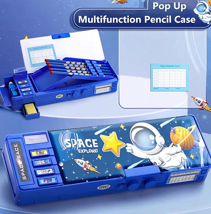 Pop up Multifunction Pencil Case for Kids Unique Stationery Set School Supplies Astronaut Pen Box for School Students Cute Pencil box for Boys with Sharpener Password Lock Schedule Whiteboard(Blue)