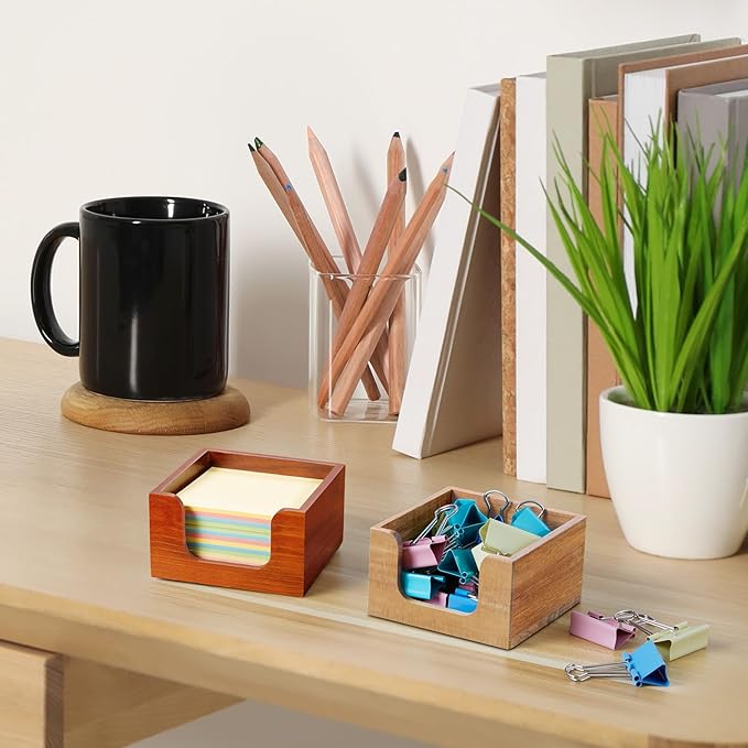 Wooden Sticky Note Holder, 3 x 3 Inch Post It Note Dispenser for Office Desk Accessories, Self Stick Note Pad Holder, Memo Pad Holder Dispenser Organizer for School Office Desk Supplies, Red Brown