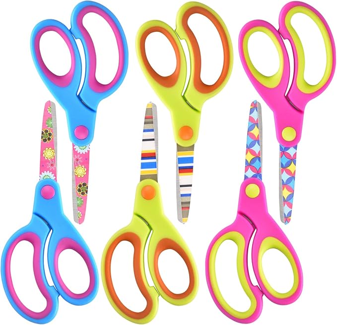 Kids Scissors - Safety Toddler Children Scissors with Blunt Tip - Fun Print Blade - Soft Grip, Great for DIY, Arts, Home, School Classroom Supplies, Assorted Color, 6-Pack