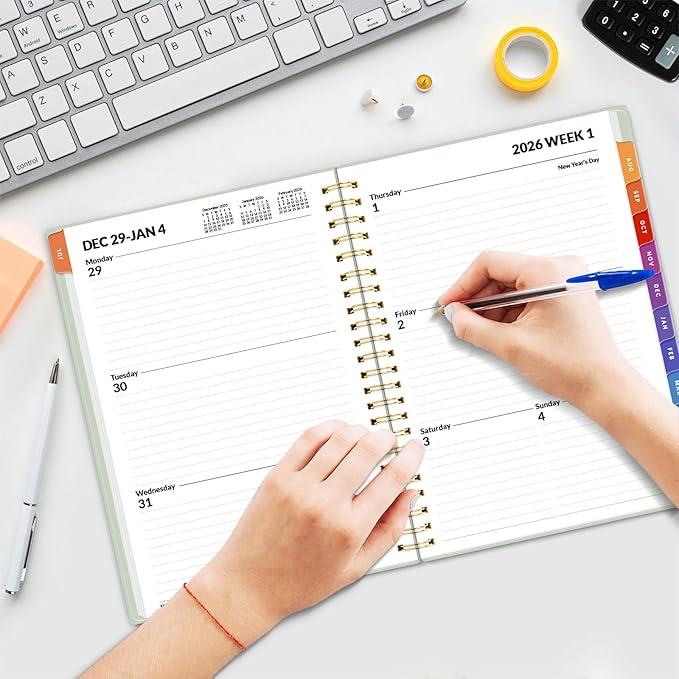 SUNEE 2026 Weekly and Monthly Planner - from January 2026 - December 2026, Daily Agenda Planner with Monthly Tab, Flexible Cover, Note Pages, Pockets, Bookmark, Spiral Binding, Gray Blue, 6.4" x 8.3"