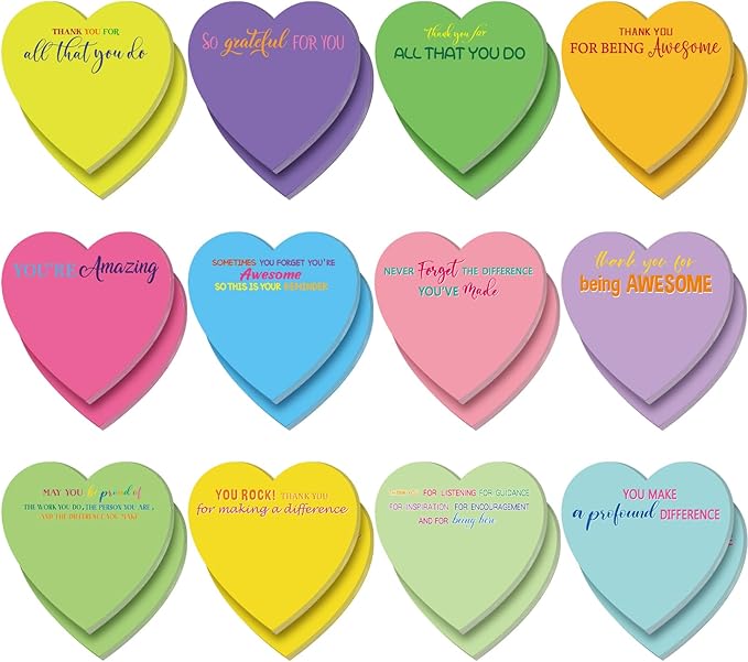Teling 24 Pack Valentine's Day Sticky Notes Heart Shape Sticky Notes 3 x 3 Inch Thank You Notepads Bulk Cute Memo Pads for Galentines Party Gifts School Office Supplies (Bright)