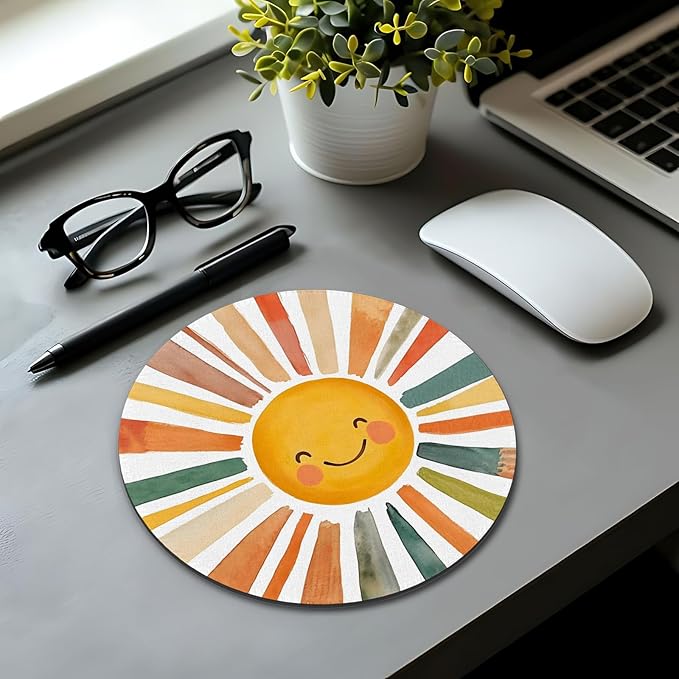 Boho Watercolor Rainbow Sun Mouse Pad,Cute Rainbow Sunshine Mouse Pads Mousepad for Desk Home Office Dorm Computers Laptop, Boho Office Supplies Desk Accessories, 7.9x7.9 Inch