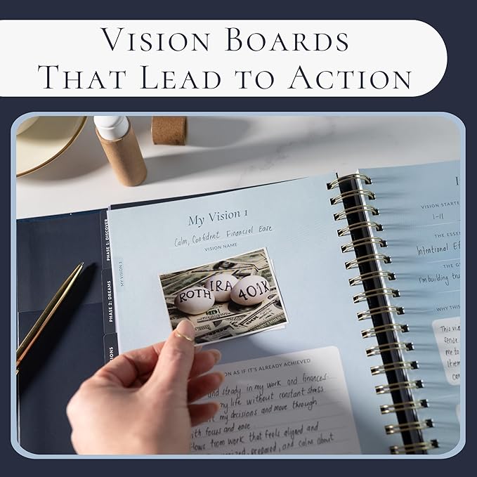 Manifestation Journal & Vision Board Kit Guided Journal | Habit Tracker & Goal Planner, Self Care & Reflection Tools | Undated Vegan Leather Hardcover | Visions in Motion Portable Vision Board (Navy)