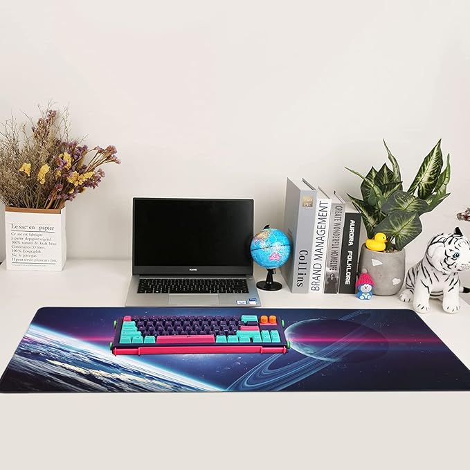 Planets and Nebula in Space Extended Gaming Mouse Pad Large Desk Mat with Non-Slip Rubber Base and Stitched Edges,Keyboard Mouse Mat Desk Pad for Work,Game,Office,Home 35.4 * 15.7 Inch
