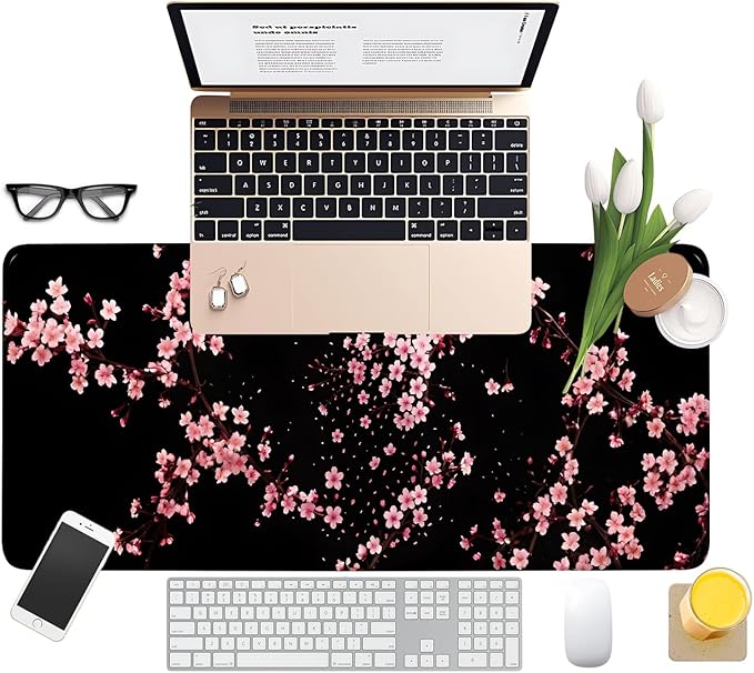 Cherry Blossom Falling Extended Gaming Mouse Pad XL 31.5"x11.8" – Pink Floral Desk Mat – Non-Slip Rubber Base, Stitched Edges