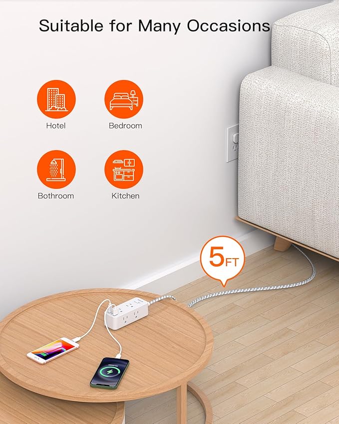 Flat Plug Power Strip, BESHON Flat Extension Cord, 5ft Ultra Thin Flat Plug Extension Cord - 6 AC with 3 USB Ports(1 USB C), Wall Mount, 3-Side Power Strip Surge Protector for Dorm Room Essentials