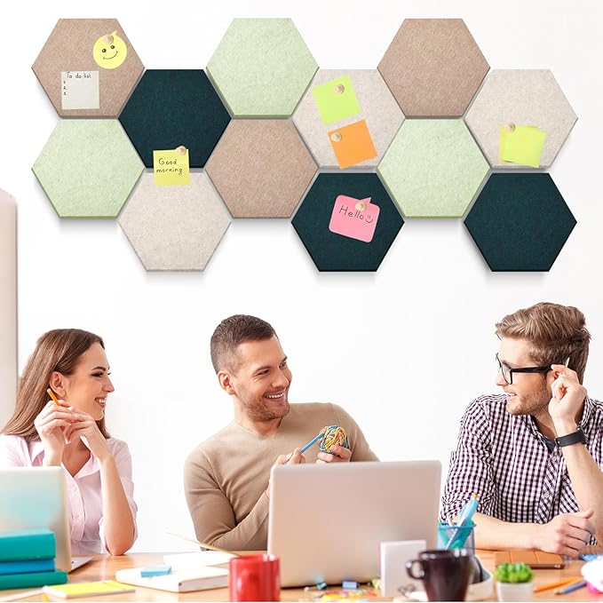 32 Pcs 12'' x 10' Hexagon Felt Cork Board Tiles with 50 Wooden Push Pins, Felt DIY Bulletin Board with 4 Tape for Office School Home Wall Decor Stickers Memos Photos Display