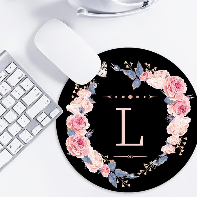 Letter L Black & Pink Flowers Round Mouse Pad: Non-Slip Rubber Base, Home Office Decor Desk Accessory, 8.7in Round