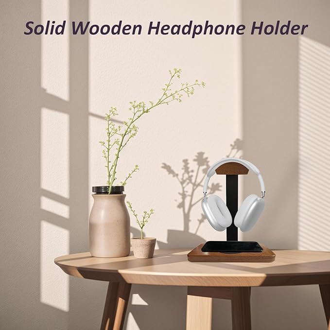 Solid Wooden Headphone Holder, Universal Headset Stand with Wireless Charger 15W Max Fast for Desk, Wireless Charger Headphone Holder for Gaming Desk Compatible with iPhone Samsung (Black)
