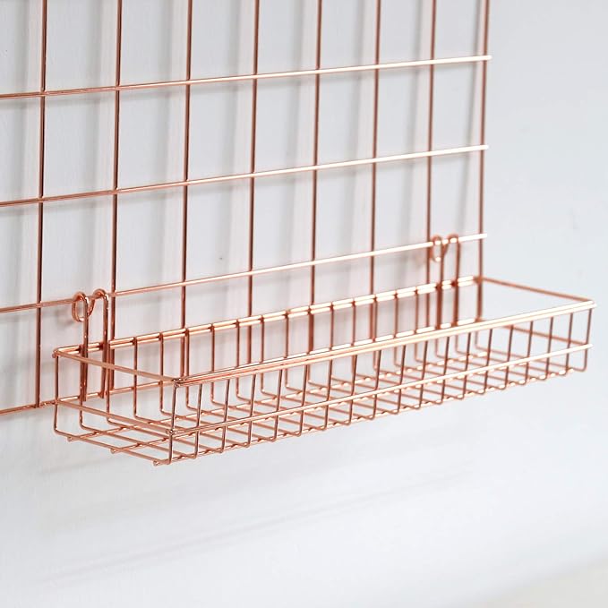 FRIADE Rose Gold Grid Basket with Hooks,Bookshelf,Display Shelf for Wall Grid Panel,Wall Mount Organizer and Storage Shelf Rack for Home Supplies,1 Set of 3 (Rose Gold)