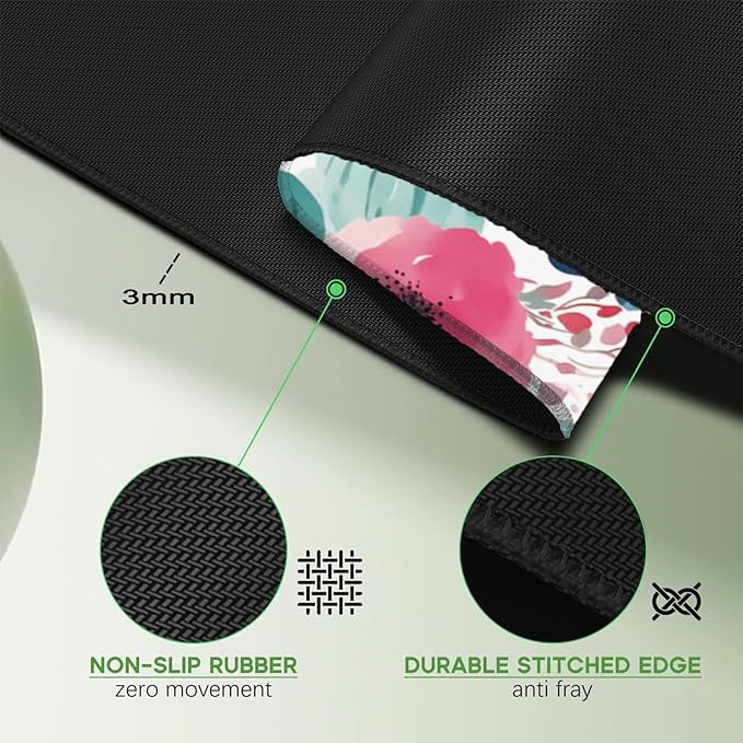 Pink Floral Mouse Pad 31.5x11.8 Inch, Women Girls Flowers Lager Desk mat with Non-Slip Base, Micro-Woven Fabric Stitched Edges for Office Computer Gaming