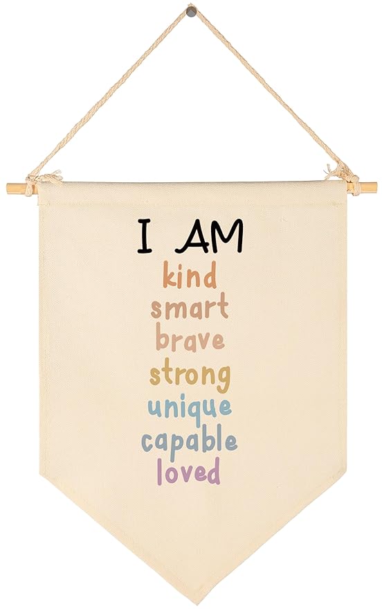 I Am Kind Smart Brave Strong Classroom Wall Decor Banner, Positive Affirmations Canvas Hanging Flag Sign for Kids, Teacher Classroom Lounge, Back to School Teacher Gift, 15.5 x 11.1in