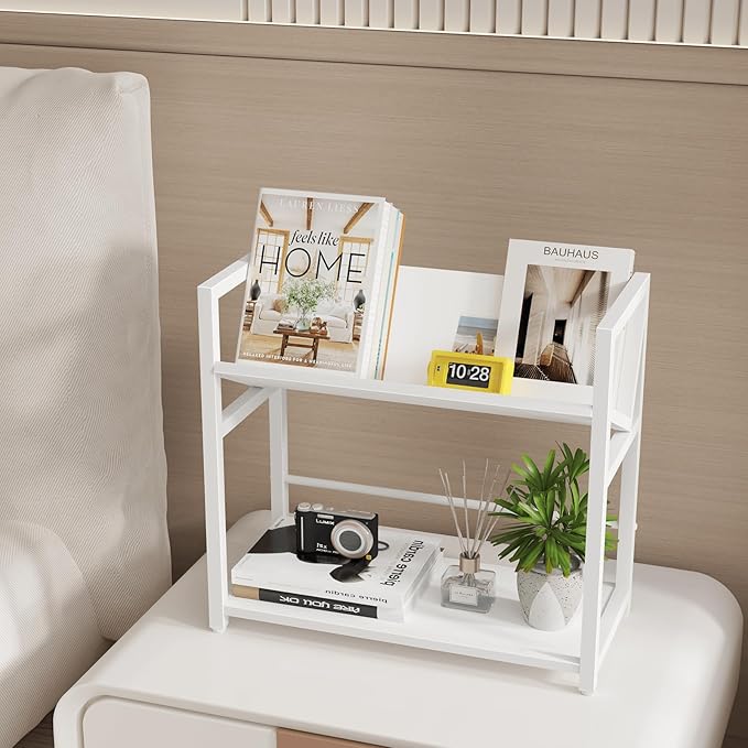 ELITEROO Desktop Bookshelf Organizer, 2 Tier Wood Desk Shelf for Tabletop Storage, Small Book Rack for Office, Home, or Study, Mini Bookcase for Book Display, Decor, and Supplies, White
