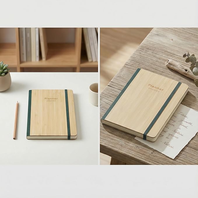 Bamboo Cover Undated Portable Planner Notebook – Daily, Weekly & Monthly Organizer, Lay-Flat A5 (5.7” × 8.3”), 100 GSM Paper, 160 Pages, 4-Month Layout (Blue)