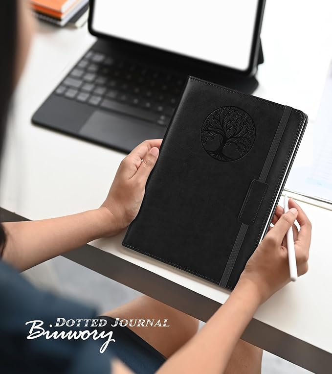 Biuwory Dotted Journal Notebook for Women Men, 160 Pages Hardcover Dot Grid Notebooks for Work, School & Travel, Leather Journals for Writing, Bullet Journaling 5.7"×8.3" (Black)