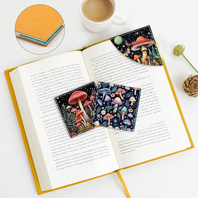Cute Mushroom Corner Bookmarks, Leather Book Accessories for Book Lovers, 3 Pcs Reading Book Page Markers for Women Men Student Teacher Girls Boys Kids Retirement Birthday Gifts