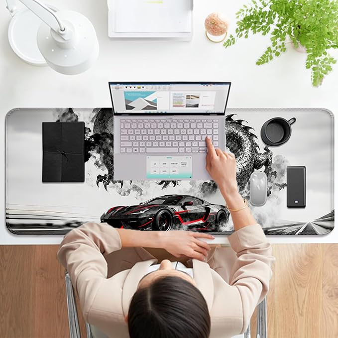 Gray Dragon and Cool Sport Car XL Large Desk Mat, Extended Long Desk Pad for Gaming and Office, Non-Slip Rubber Base, Comfortable Surface Mouse Pad, 31.5x11.8 in (H19)