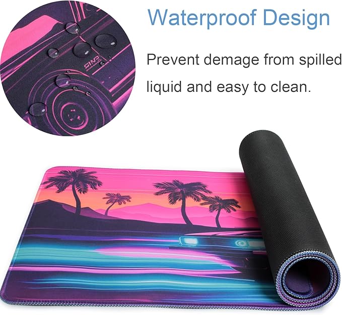 Manicer Retro Sunset Car Mouse Pad โ Blacklight Gaming Desk Mat, UV Reactive Neon Glow in The Dark Mousepad, Extended 31.5โ x 11.8โ Non-Slip Rubber Base, Waterproof Cool Desk Pad for Office & Home
