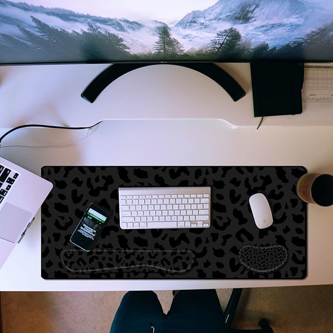 3Pcs Large Gaming Mouse Pad Desk Mat,Keyboard Mouse Wrist Rest Support Set,Extended Laptop Mouse Pad Memory Foam Non-Slip Base for Gamer Home Office(31.5x15.7in)-Black Leopard Cheetah