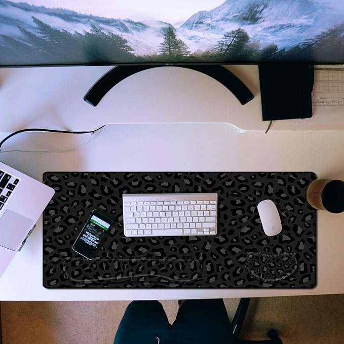 3Pcs Large Gaming Mouse Pad Desk Mat,Keyboard Mouse Wrist Rest Support Set,Extended Laptop Mouse Pad Memory Foam Non-Slip Base for Gamer Home Office(31.5x15.7in)-Black Leopard Cheetah