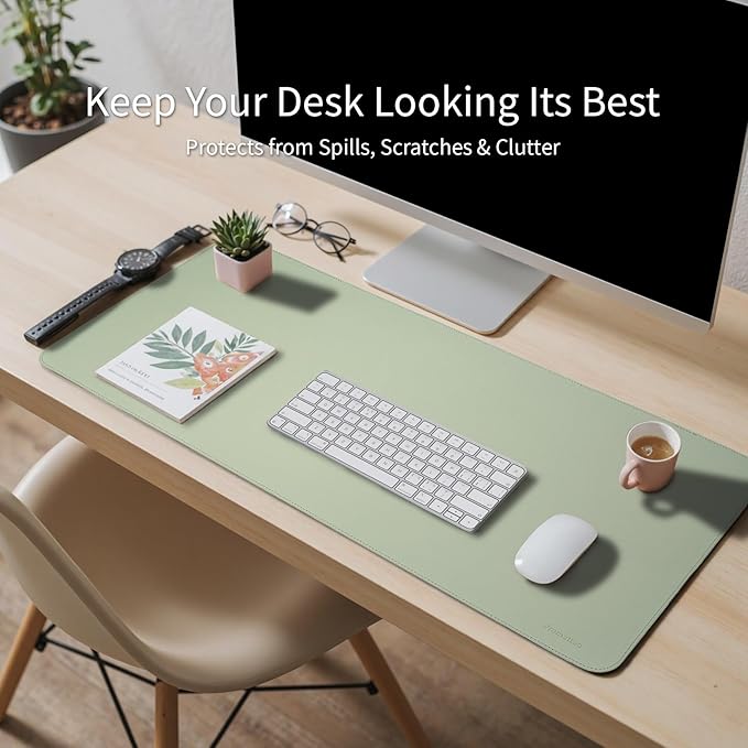 Oversized Non-Slip Desk Pad Protector with Premium Gift Box – Vegan Leather Waterproof Laptop Mat for Keyboard & Mouse, Grips Desk Firmly – Large Office Pad– Matcha Green