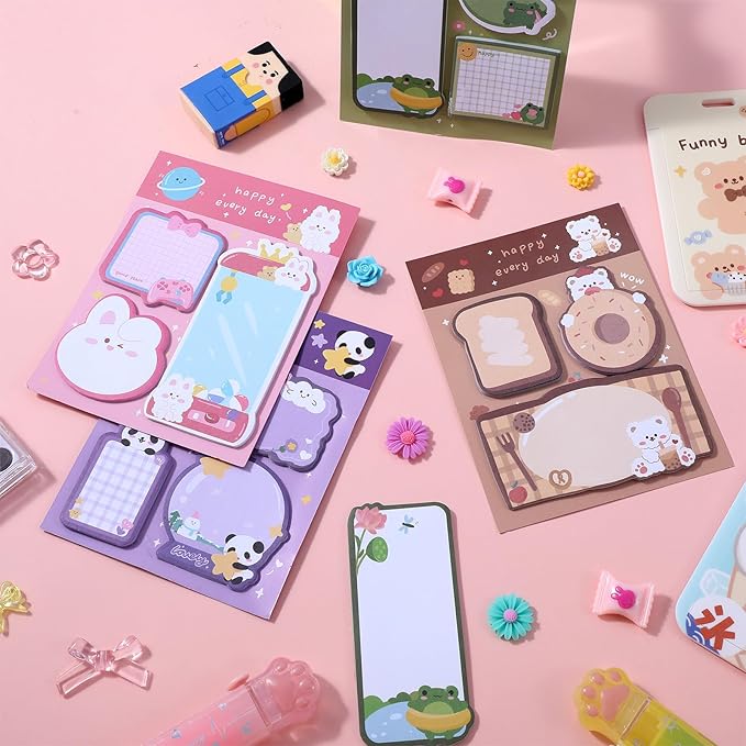 4 Pack Sticky Notes Kawaii Animal Posted Notes Set 240 Sheets Animals Shape Markers Flags Self-Stick Memo Pads Kawaii Small Self-Stick Note Pad for Office Roommates Home Kids Students