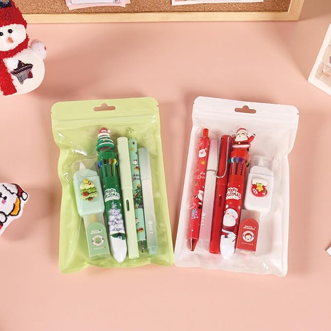 6 Pcs Cute Christmas Stationery Set for Girls Boys Women Men Xmas School Supplies Office Supplies Including Gel Ink Pens Ballpoint Pens Pencil Eraser Christmas Gift (Xmas-Red)