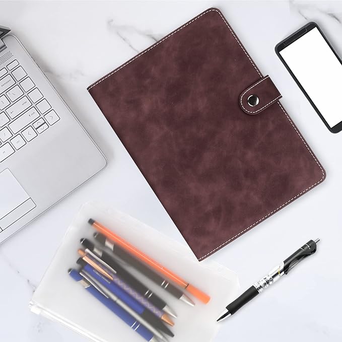 FYY A5 Binder Refillable Planner Notebook 6 Ring PU Leather Binder Journal with Pockets, Dividers, Refill Paper Dark Brown