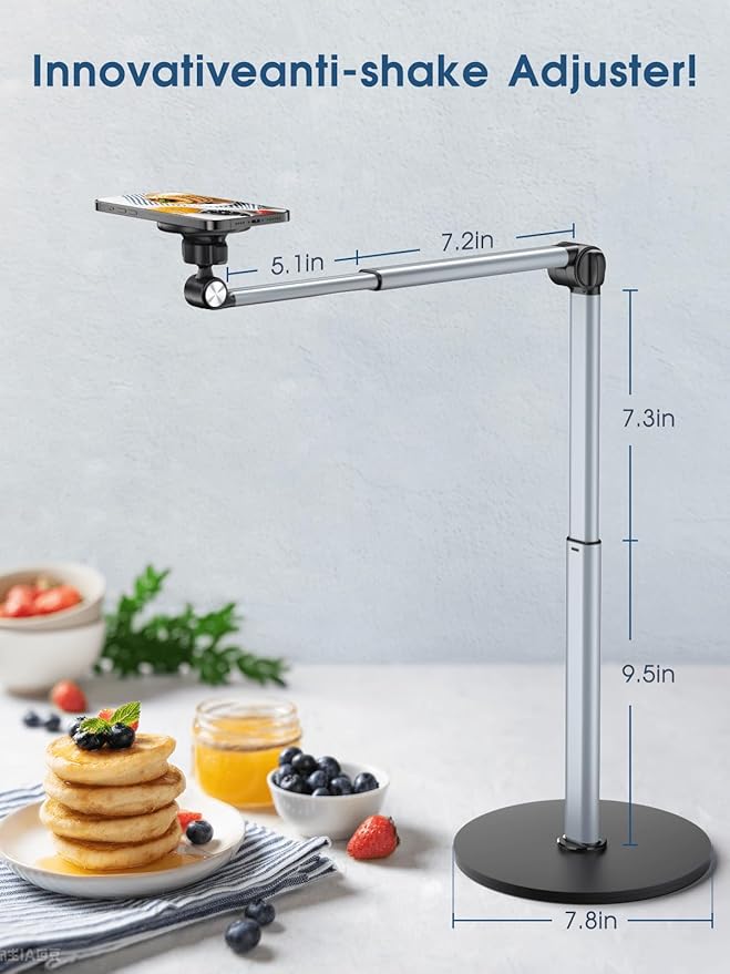 Heavy Duty Aluminum Overhead Phone Stand for Recording, Adjustable iPhone Tripod for Overhead Shots, Sturdy Stand for Cooking, Crafting, Filming, Painting – Perfect for Creators(Magnetic)
