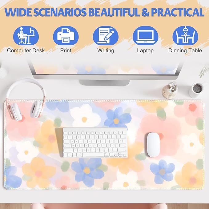 Floral Desk Pad Mouse Pad, Large Gaming Mouse Mat with Stitched Edges, Non-Slip Waterproof Rubber Base Mous Mat for Office Computer Keyboard Laptop Home Decor Women Girl (35.4X17.5 in), Watercolor