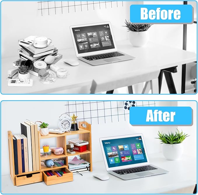 Bamboo Desktop Bookshelf, Expandable Counter Bookcase, Storage Shelves Rack Organizer with Anti-Slip Pads, Cute Small Desk Display Cubby Top for Office Supplies, No Assembly Needed