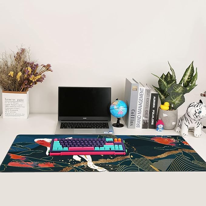 Watercolor Japanese Koi Fish Extended Gaming Mouse Pad Large Desk Mat with Non-Slip Rubber Base and Stitched Edges,Keyboard Mouse Mat Desk Pad for Work,Game,Office,Home 35.4 * 15.7 Inch