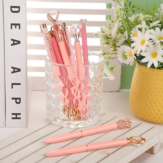 Janmini 9 Pcs Ballpoint Pens Set Metal Crystal Diamond Glitter Pens for Journaling Black Ink Pretty Cute Things Fancy Stationery Gifts for Women Girls Birthday Home Office Desk(Light Pink)