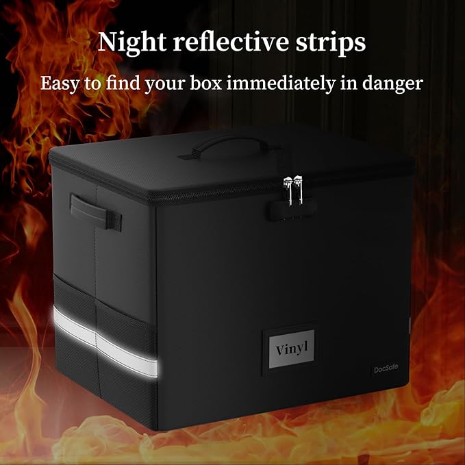 DocSafe Fireproof Vinyl Record Storage Box with Lock,Large Record Organizer Storage for 150+ Single Records,Collapsible Storage Crate with Lid&Handles for Valuable Album Collection,16.1''x13''x13''