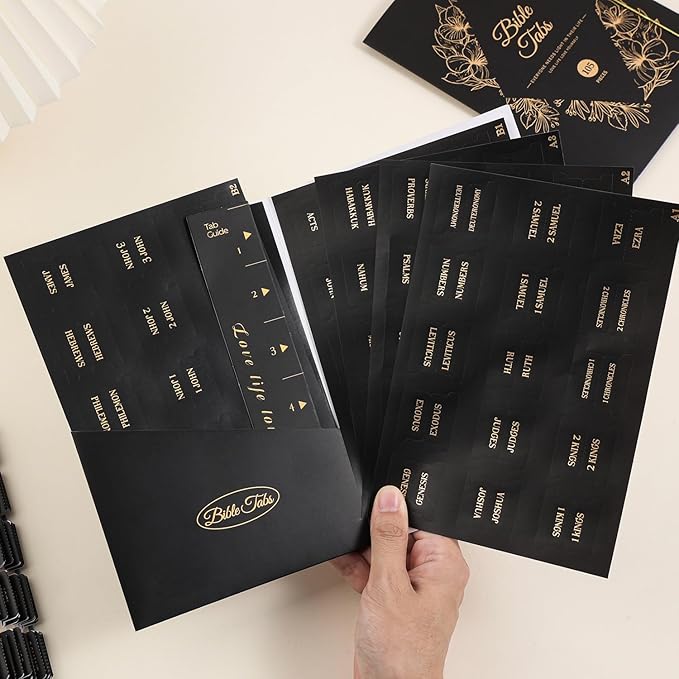 Laminated Bible Tabs, Gold Foil Embossed Lettering Bible Chapter Index Tabs for Women Men, Reposition Large Print Sticky Labels, Easy to Read and Apply, 105Chapters Labels for Easy Navigation (Black)
