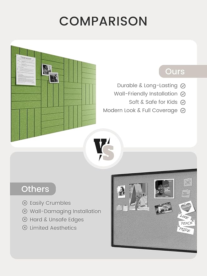Bumusty Large Cork Board Alternative-48 x 36" Felt Bulletin Board Tiles, with 30 Pushpins, 70 Adhesive Tabs, 12-Pack Slat Wall Paneling, Cork Boards for Office Push Pin Board Felt Board-Kelly Green